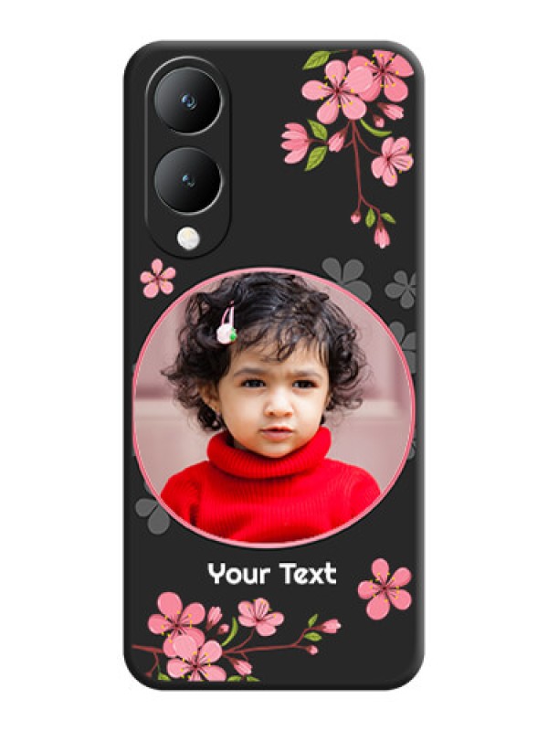 Custom Round Image with Pink Color Floral Design on Photo On Space Black Custom Soft Matte Mobile Back Cover - Vivo Y17S