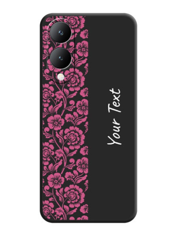 Custom Pink Floral Pattern Design With Custom Text On Space Black Custom Soft Matte Mobile Back Cover - Vivo Y17S