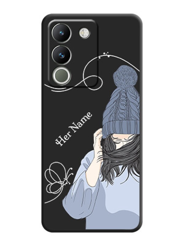 Custom Girl With Blue Winter Outfiit Custom Text Design On Space Black Custom Soft Matte Mobile Back Cover - Vivo Y200 5G