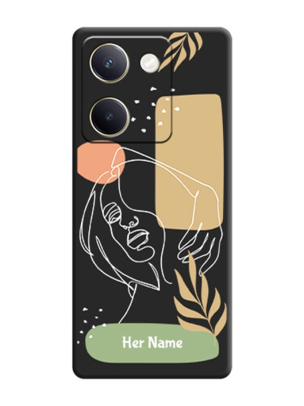 Custom Custom Text With Line Art Of Women & Leaves Design On Space Black Custom Soft Matte Mobile Back Cover - Vivo Y200 Pro 5G