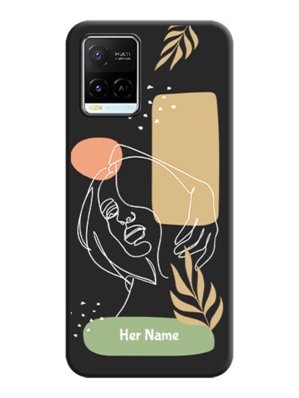Custom Custom Text With Line Art Of Women & Leaves Design On Space Black Personalized Soft Matte Phone Covers -Vivo Y21E