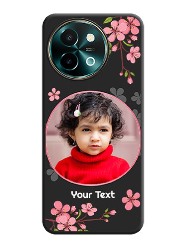 Custom Round Image with Pink Color Floral Design on Photo On Space Black Custom Soft Matte Mobile Back Cover - Vivo Y58 5G