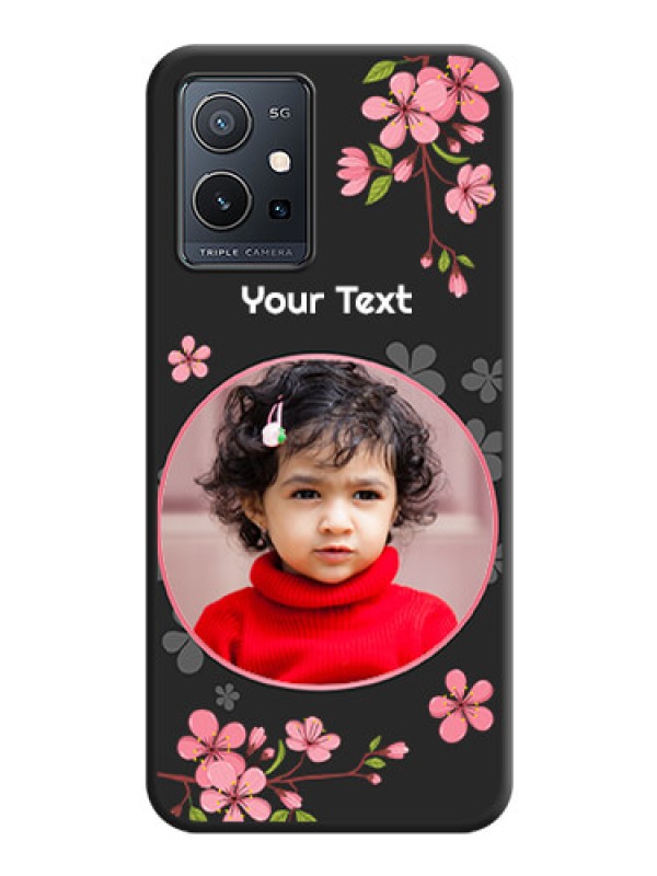 Custom Round Image with Pink Color Floral Design on Photo on Space Black Soft Matte Back Cover - Vivo Y75 5G