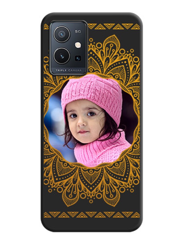 Custom Round Image with Floral Design on Photo on Space Black Soft Matte Mobile Cover - Vivo Y75 5G