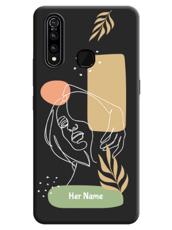 Custom Custom Text With Line Art Of Women & Leaves Design On Space Black Personalized Soft Matte Phone Covers -Vivo Z1 Pro