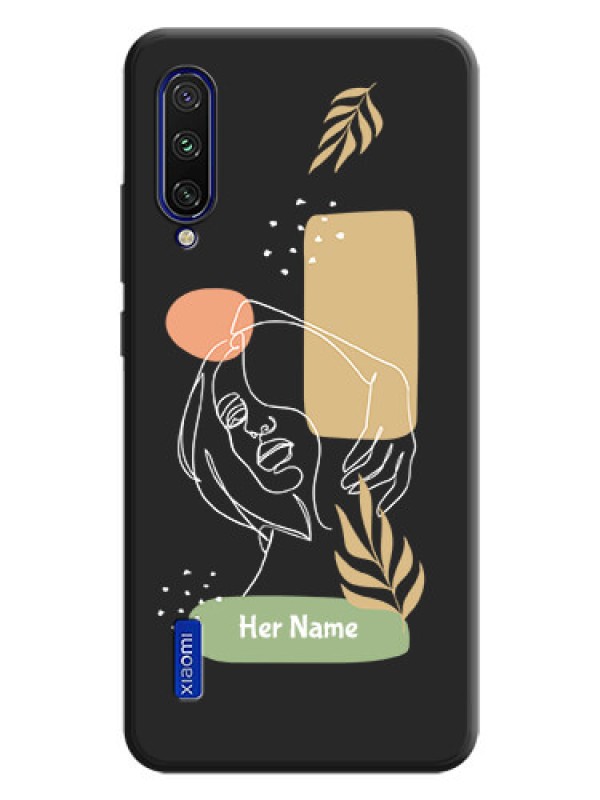 Custom Custom Text With Line Art Of Women & Leaves Design On Space Black Personalized Soft Matte Phone Covers -Xiaomi Mi A3