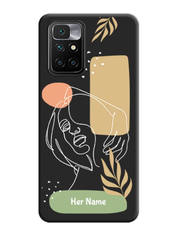 Custom Custom Text With Line Art Of Women & Leaves Design On Space Black Personalized Soft Matte Phone Covers -Xiaomi Redmi 10 Prime 2022