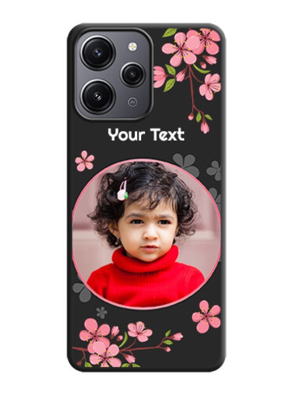 Custom Round Image with Pink Color Floral Design - Photo on Space Black Soft Matte Back Cover - Redmi 12 4G