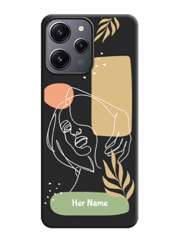 Custom Custom Text With Line Art Of Women & Leaves Design On Space Black Personalized Soft Matte Phone Covers - Redmi 12 4G