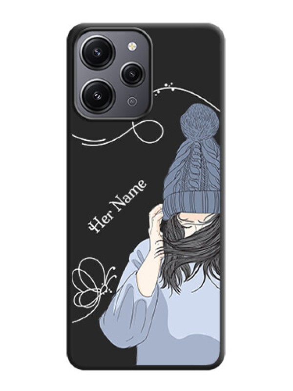 Custom Girl With Blue Winter Outfiit Custom Text Design On Space Black Personalized Soft Matte Phone Covers - Redmi 12 4G
