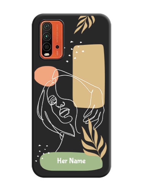 Custom Custom Text With Line Art Of Women & Leaves Design On Space Black Personalized Soft Matte Phone Covers -Xiaomi Redmi 9 Power