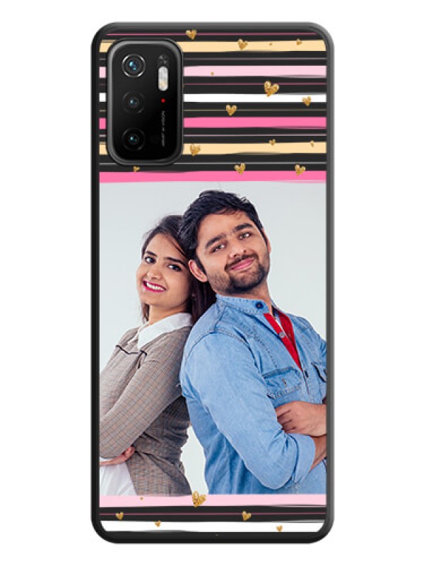 Custom Multicolor Lines and Golden Love Symbols Design on Photo on Space Black Soft Matte Mobile Cover - Redmi Note 10T 5G