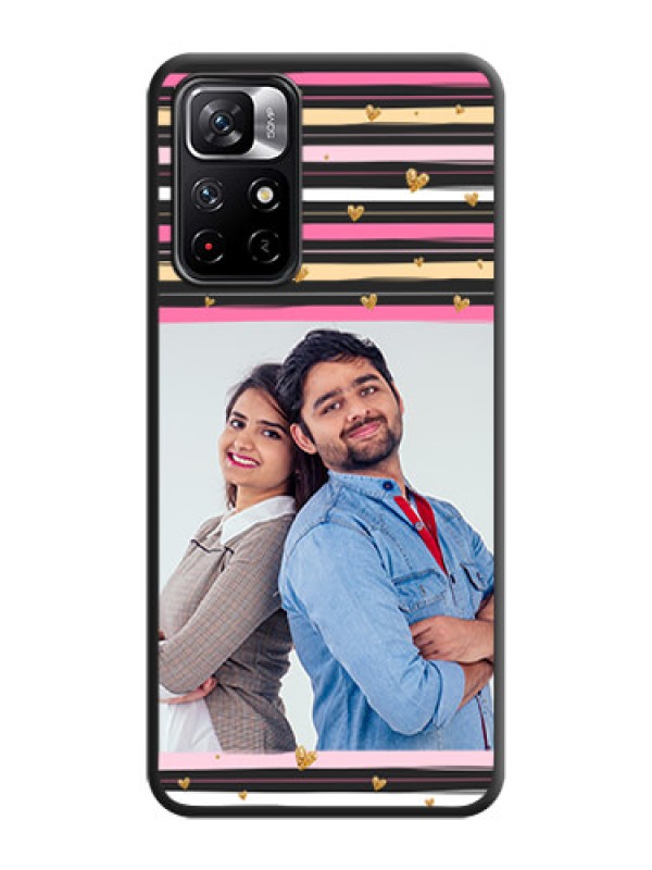 Custom Multicolor Lines and Golden Love Symbols Design on Photo on Space Black Soft Matte Mobile Cover - Redmi Note 11T 5G