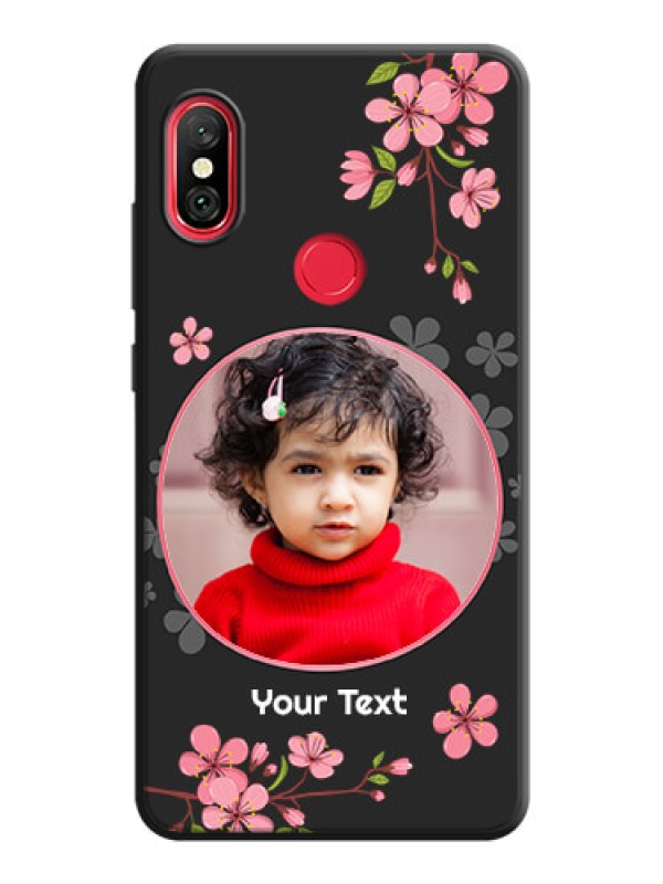 Custom Round Image with Pink Color Floral Design - Photo on Space Black Soft Matte Back Cover - Redmi Note 6 Pro