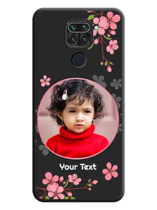 Custom Round Image with Pink Color Floral Design on Photo on Space Black Soft Matte Back Cover - Redmi Note 9
