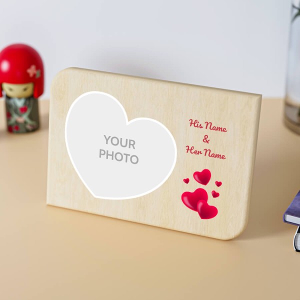 Custom Couple Floating Hearts Design Landscape Wooden Photo Stand