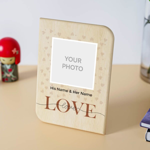 Custom Couple Heart Pattern Square Style Design Portrait Wooden Photo Stand