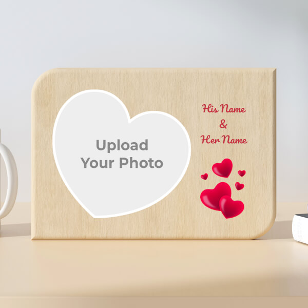 Custom Couple Floating Hearts Design Landscape Wooden Photo Stand