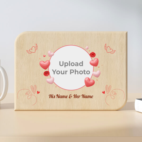Custom Couple Winged Hearts Design Landscape Wooden Photo Stand