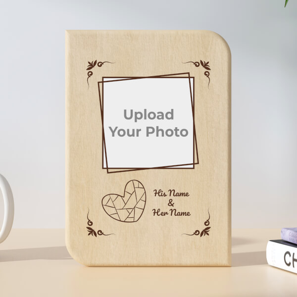 Custom Couple Invitation Style with Heart Design Portrait Wooden Photo Stand