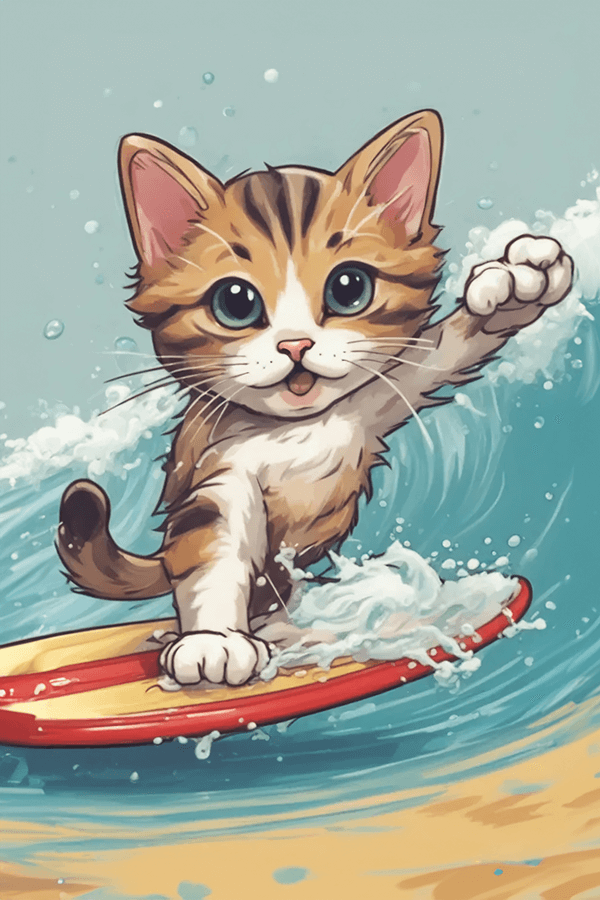Cute cat water surfing at the beach
