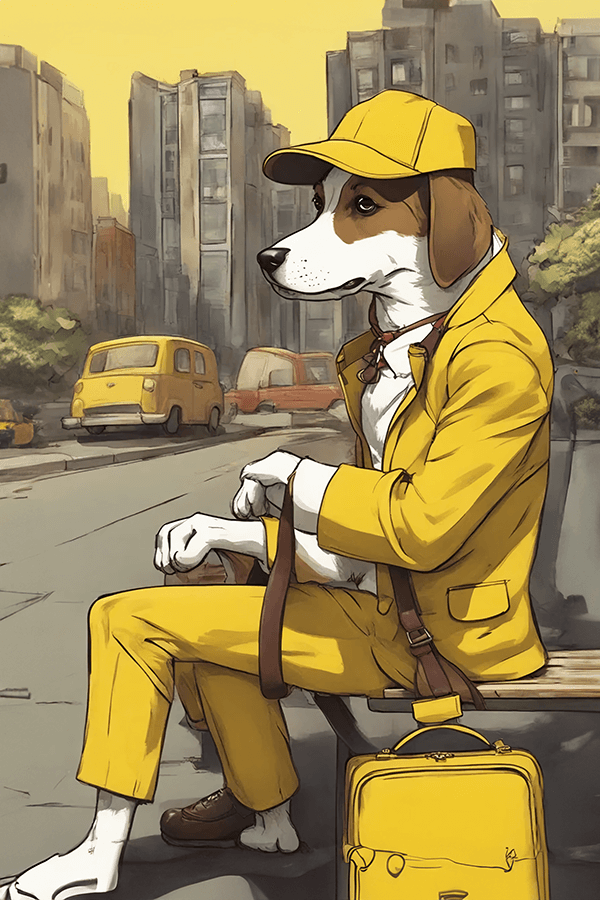 A dog is sitting on a bench by the roadside. The bench is yellow in color, and the dog is also wearing a yellow suit with brown shoes, carrying a small bag, and wearing a yellow cap. In the background, buildings and vehicles appear blurred.