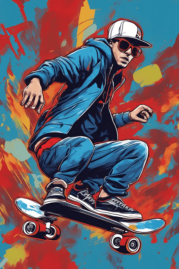 The image is a vibrant and dynamic illustration of a skateboarder in action. The skateboarder is wearing a blue cap, sunglasses, a blue jacket, and colourful, graffiti-style pants. He is depicted in a crouched position, riding a skateboard with red wheels. 