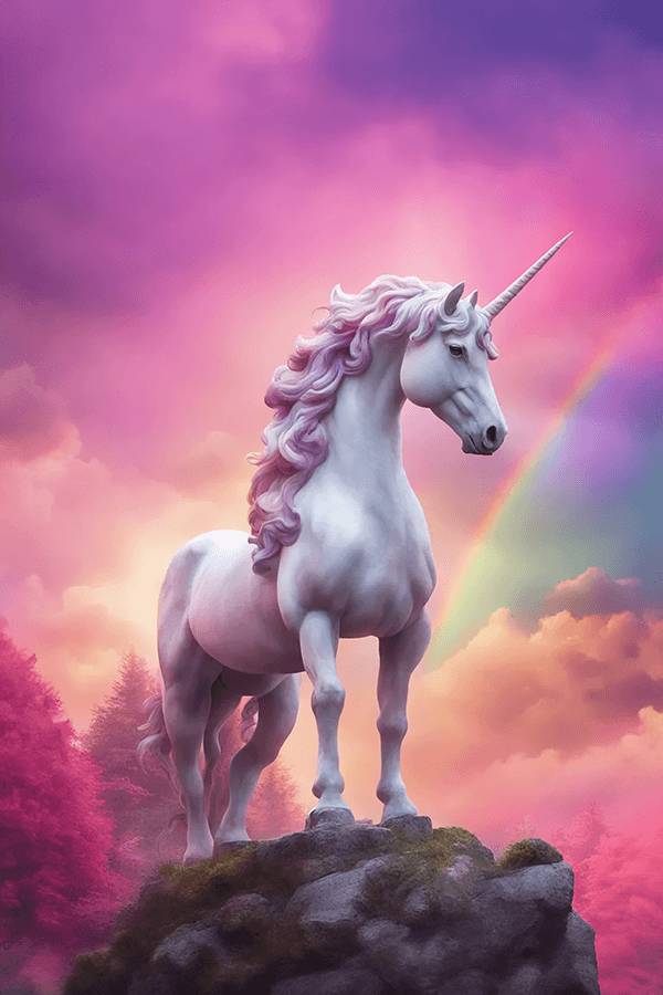 a beautiful white unicorn with rainbows in the mountain forest at sunset and colourful clouds illuminated by sunbeams; a fantastic art image of an ancient statue