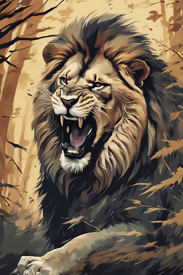 A roaring lion in forest