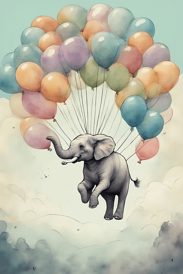 a flaying elephant with baloons parachute in the sky; artistic photo