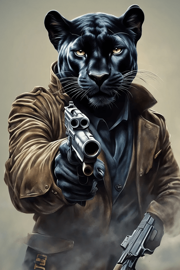 Panther holding a pistol and showing it to the camera