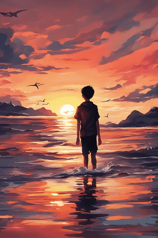A beautiful sunset was seen in sea with a boy