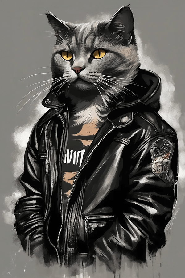 A cat wearing a black leather jacket that says 'my city' on it